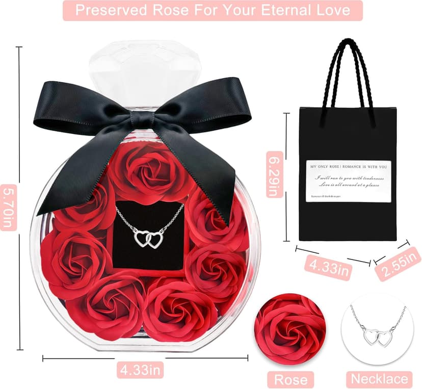 Preserved Rose with Heart Necklace Gift Artificial Flower Valentines Mothers Day for Girlfriend Mom Birthday Anniversary Personalized Romantic Gifts(Red)