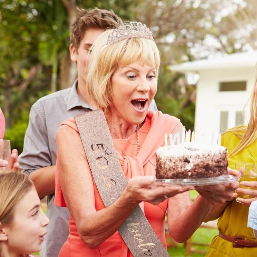 CIEHER 50th Birthday Crown + 50 & Fabulous Sash+Pearl Pin Set, Tiara, 50th Gifts, Decorationsfor Women Friends, Happy Party Favor Supplies