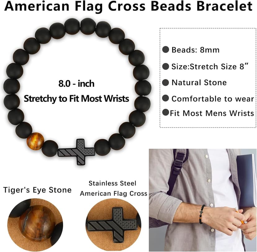 Gifts for Dad New Dad Stepdad Husband, American Flag Cross Beads Bracelet Jewelry Gifts for Father Men from Daughter Son Wife