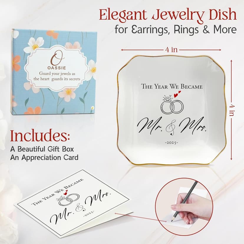 OASSIE Wedding Gifts for Couple 2025 - Mr & Mrs 4"x4" Ceramic Jewelry Dish Tray - Bridal Shower Gifts for Women, Marriage Gift Ideas, Anniversary Engagement Gifts for Couples, Jewelry Holder Dish