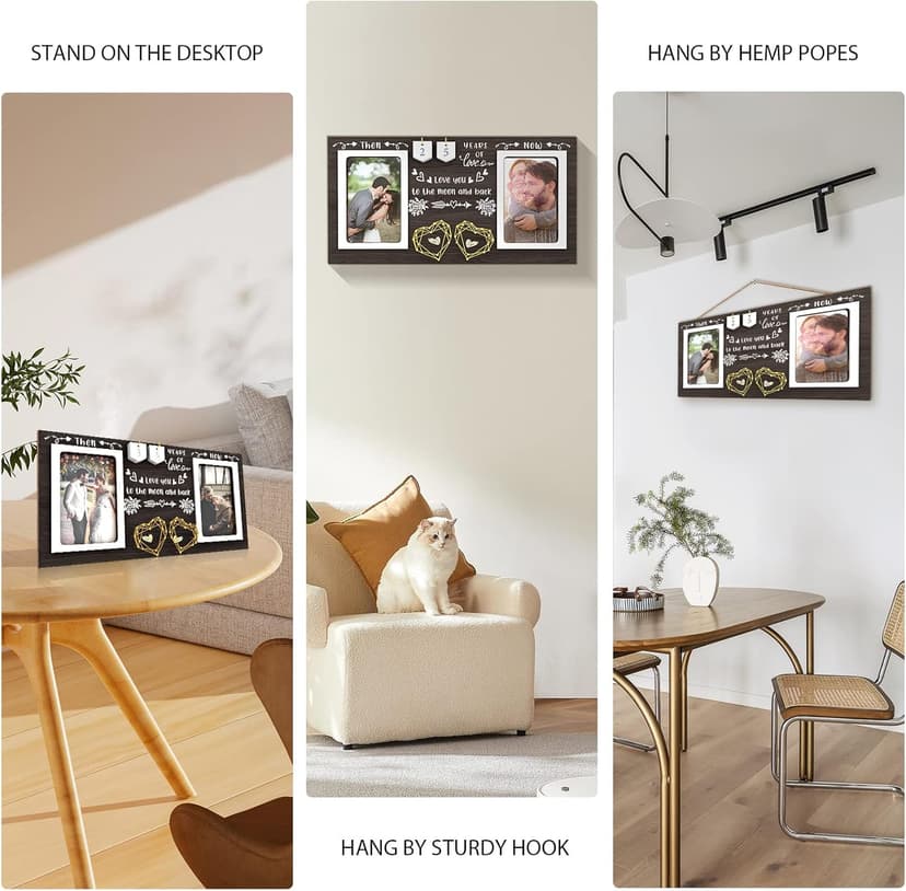 Then & Now Anniversary Picture Frame - 1-99 Years Anniversary Wedding Gift for Couple, Engagement Bridal Shower Gifts for Couples Wood Photo Frame Holds 2 4x6 Inches Photos