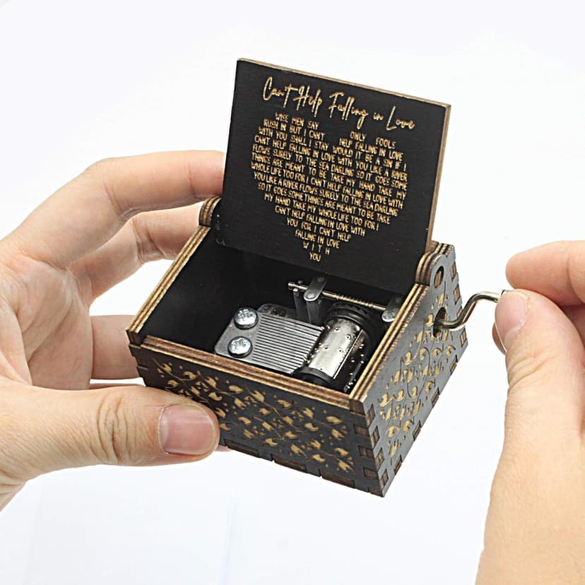 Can't Help Falling in Love Wood Music Box, Antique Engraved Musical Boxes Case for Love One Wooden Music Box - Gifts for Lover, Boyfriend, Girlfriend, Husband, Wife (Black)