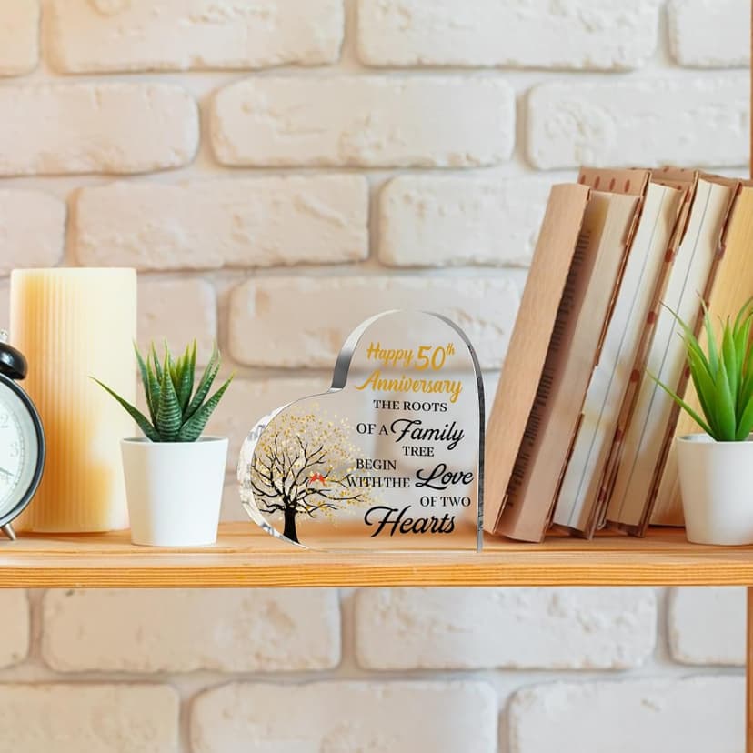 50th Anniversary Wedding Gifts for Couple Parents, Acrylic Heart Cake Topper Decorations, 50 Year Anniversary Presents Gifts Idea for Her Him