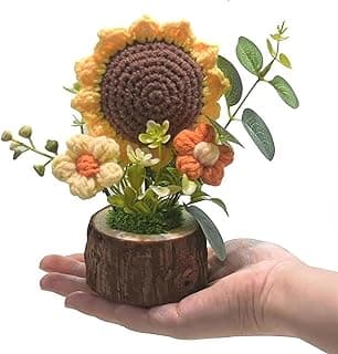 Handmade Crochet Knitted Sunflower Bouquet Creative Knitted Potted Plant Mini Cute Home Desktop Decorations and Gifts for Friends, Lovers, Classmates
