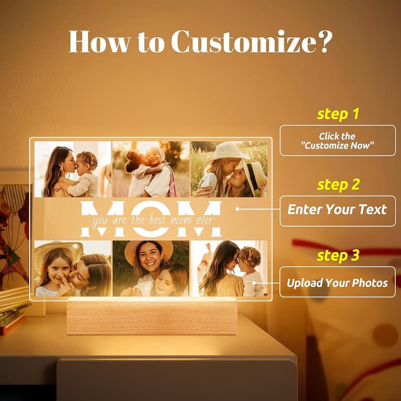 Personalized Gifts for Mom from Daughter Son, Custom Picture Frames with Photos, Customized Photo Frame with Night Light, Personalized Christmas Birthday Gifts for Mom Baby Kids Family