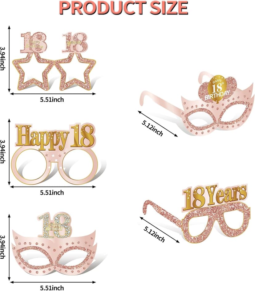 24PCS 18th Birthday Eyeglasses Decorations for Girls, Pink Rose Gold Happy 18th Birthday Paper Eyeglasses Party Supplies, Eighteen Year Old Bday Glasses Decor