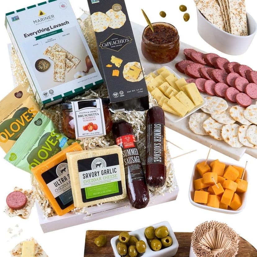 Gourmet Meat & Cheese Sampler Gift Basket - Deluxe Charcuterie Cheese Platter - GourmetGiftBaskets.com Food Gifts