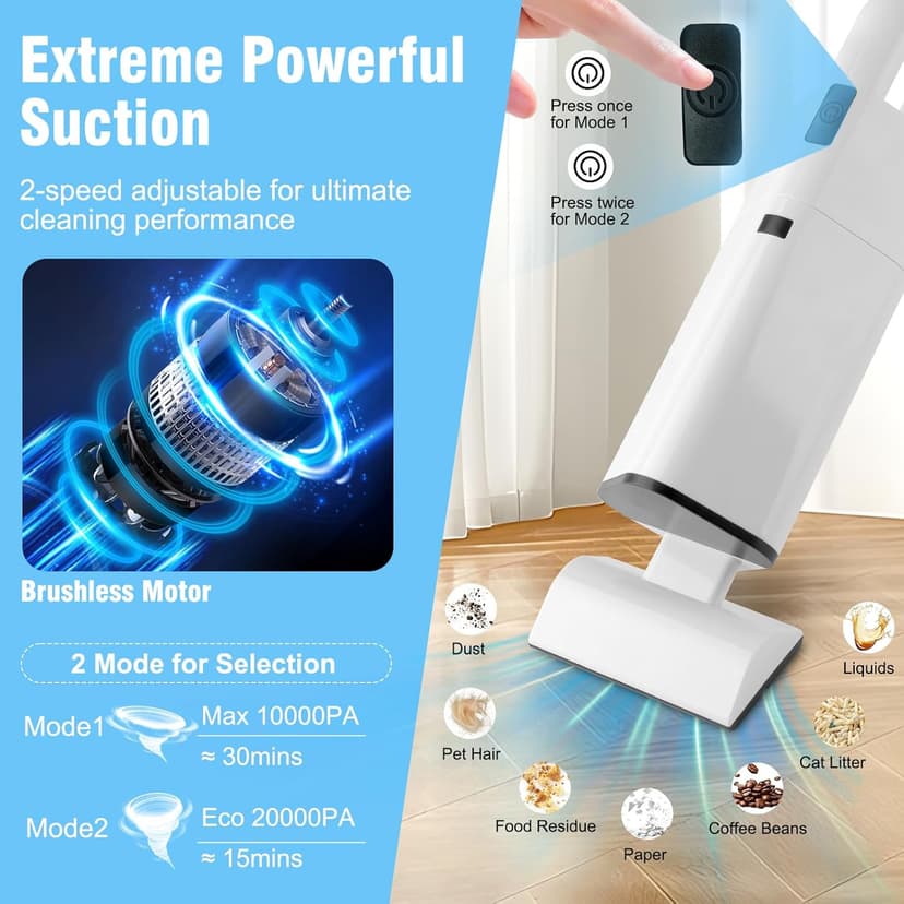 Cordless Vacuum Cleaner Handheld - 20000Pa Powerful Suction, 2-Speed Hand Vacuum Cordless Rechargeable for Car, Pet Hair, Stairs, Carpet, Couch - Portable Vac with HEPA Filter & 4 Attachments