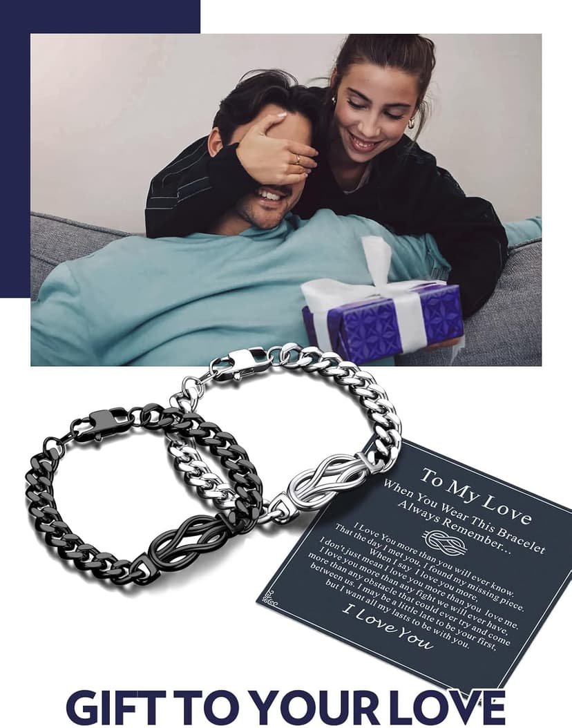 Bandmax Inifinity Love Knot Cuban Link Chain Bracelets for Men Stainless Steel/Black Mens Bracelet with Love Message Card Gift for Son Grandson Husband Father
