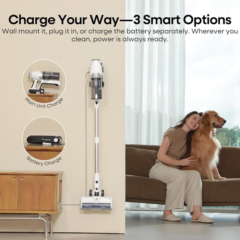 ElecKeys Cordless Vacuum Cleaner, 580W 48KPA 65Mins Vacuum Cleaners for Home, Self-Standing Anti-Tangle Vacuum with LED Display, Rechargeable, Lightweight, Cordless Vacuum for Floors/Pet Hair/Carpets