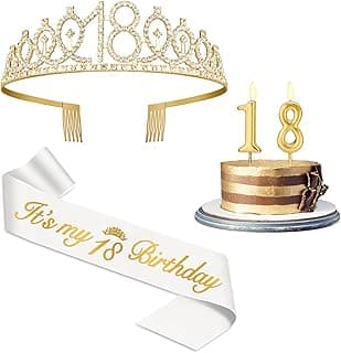18th Birthday Decorations for Girls with 18th Birthday Sash White and Tiara Gold, Number Candles Gold, 18 Year Old Girl Gifts