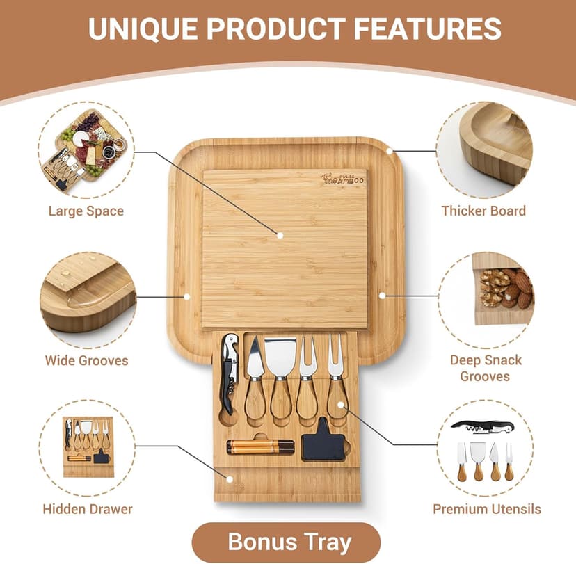Charcuterie Board Set – Premium Bamboo Cheese Board with Slide-Out Knife Drawer – Complete Hosting Set for Wine Nights & Parties – Perfect Housewarming Gift and Wedding Gift for Couples