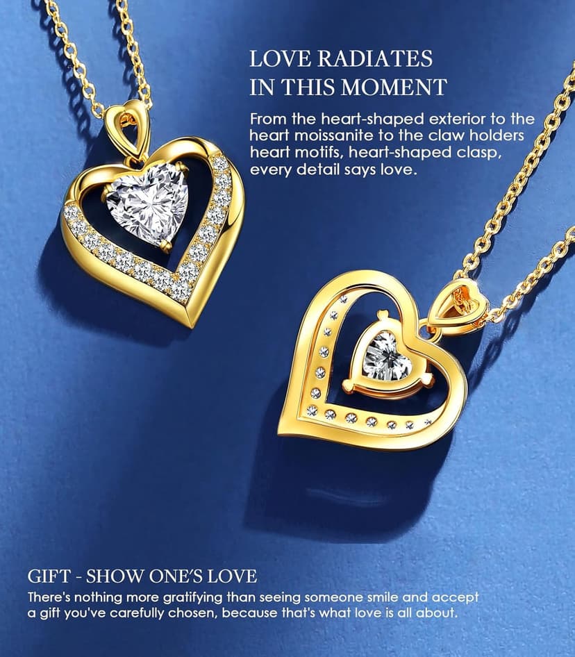2-3 Ct Moissanite Double Heart Pendant Necklaces for Wife, 18K Gold Plated S925 Silver Jewelry for Women Girlfriend Mom Her on Anniversary Birthday
