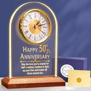 50th Anniversary Wedding Gift, Anniversary Quartz Clock, Desk Table Clock, 50 Years of Marriage, Golden Wedding for Couple, Parents, Grandparents (Wooden Base with LED Light)