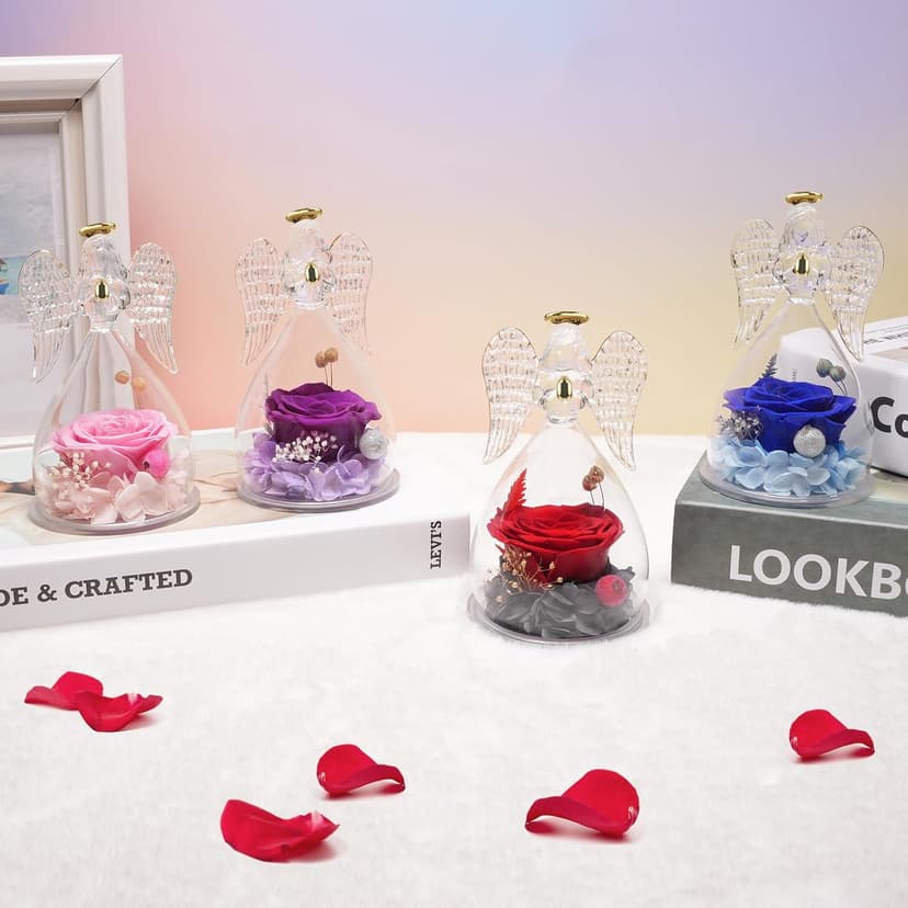 Miofula Preserved Flower Rose Birthday Gifts for Mom, Angel Figurines with Forever Real Rose Gifts for Her Mom Grandma, Unique Angels Gifts for Mothers Day Christmas Anniversary Birthday (Red)