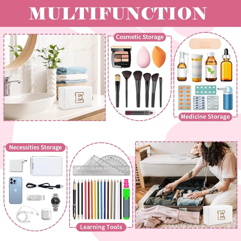 Small Personalized Initial A-Z Preppy Patch Makeup Bag,White PU Chenille Letter Travel Cosmetic Pouch with Zipper,Cute Toiletry Bag,Gift Ideal for Teen Girls Women Teacher Bridesmaid,Letter E