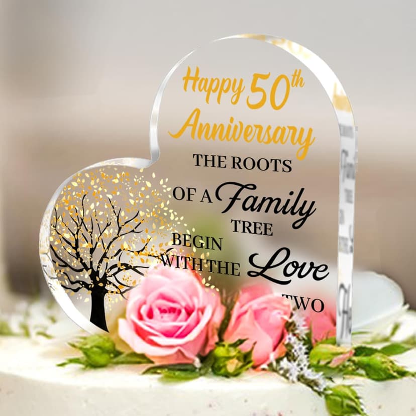 50th Anniversary Wedding Gifts for Couple Parents, Acrylic Heart Cake Topper Decorations, 50 Year Anniversary Presents Gifts Idea for Her Him