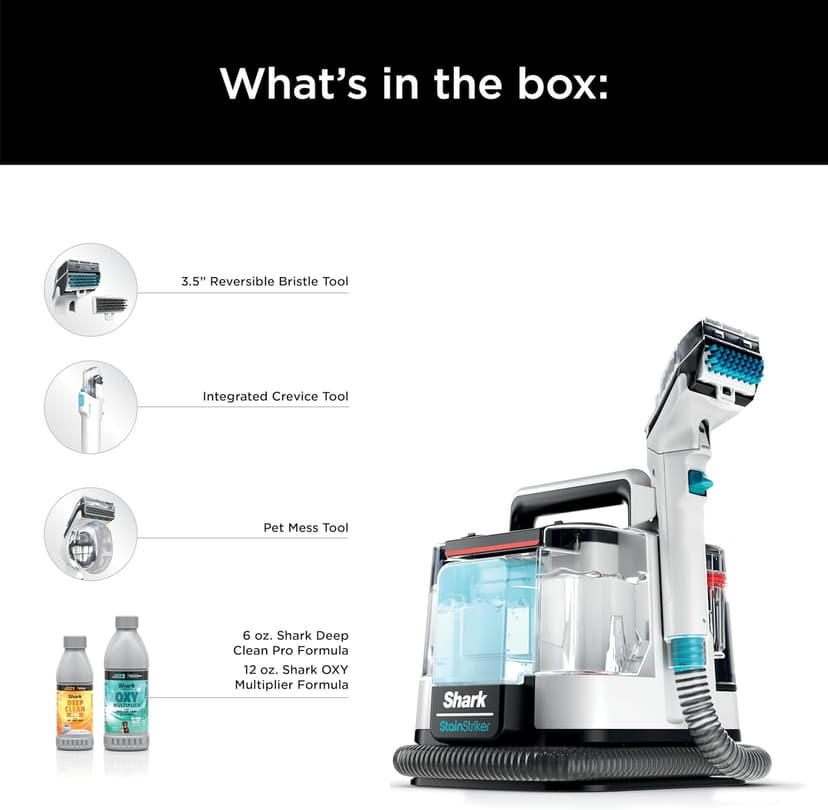 Shark StainStriker Portable Carpet, Upholstery & Area Rug Cleaner with Pet Mess Tool, Stain & Odor Remover, Perfect for Car Interiors, Includes 3 Cleaning Tools & Cleaning Solution, White, PX201