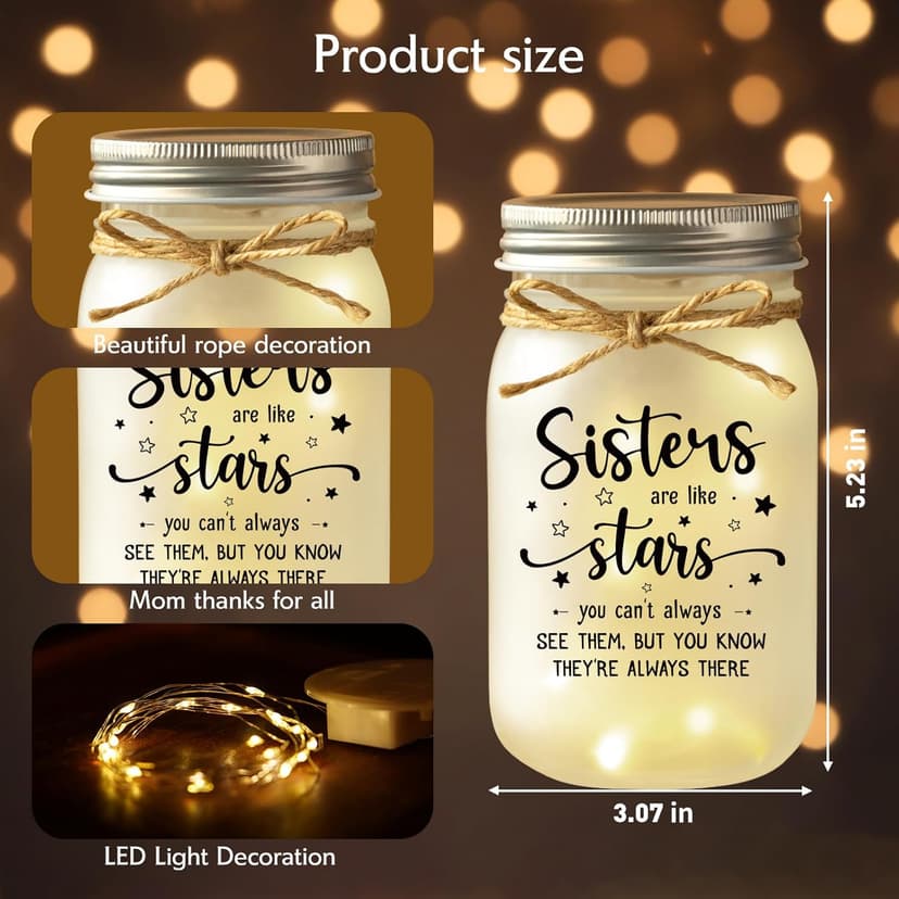 Mason Jar Night Light Gifts for Sister, Sister Birthday Gifts, Sisters Gift for Women, Soul Sister, Best Friend, Long Distance Night Light Gift for Mothers Day Christmas