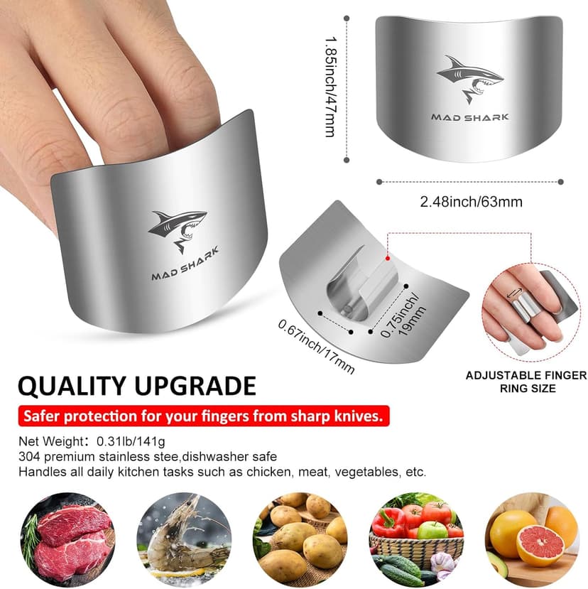 MAD SHARK Chef Finger Guards for Cutting with Gift Box, 2pcs Premium 304 Stainless Steel Finger Protectors for Cutting, Slicing and Chopping Vegetables, Fruits and Meat, Avoid Hurting Kitchen Tools