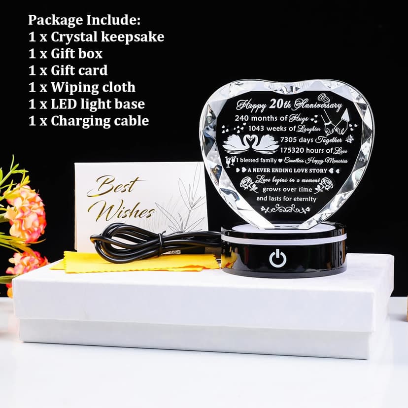 YWHL 20th Anniversary Crystal Heart Gifts for Wife Husband, Laser Engraved Romantic 20 Year Wedding Anniversary Crystal Keepsake Gifts for Her Him, 20 Years of Marriage Gift for Couples Friends