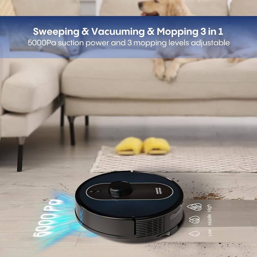 Robot Vacuum and Mop with Self-Empty Base: 5000Pa Suction, LiDAR Navigation, Smart Obstacle Avoidance, Home Mapping, No-Go Zone, 60-Day Hands-Free, Idear for Homes with Pets, Carpet & Hard Floors