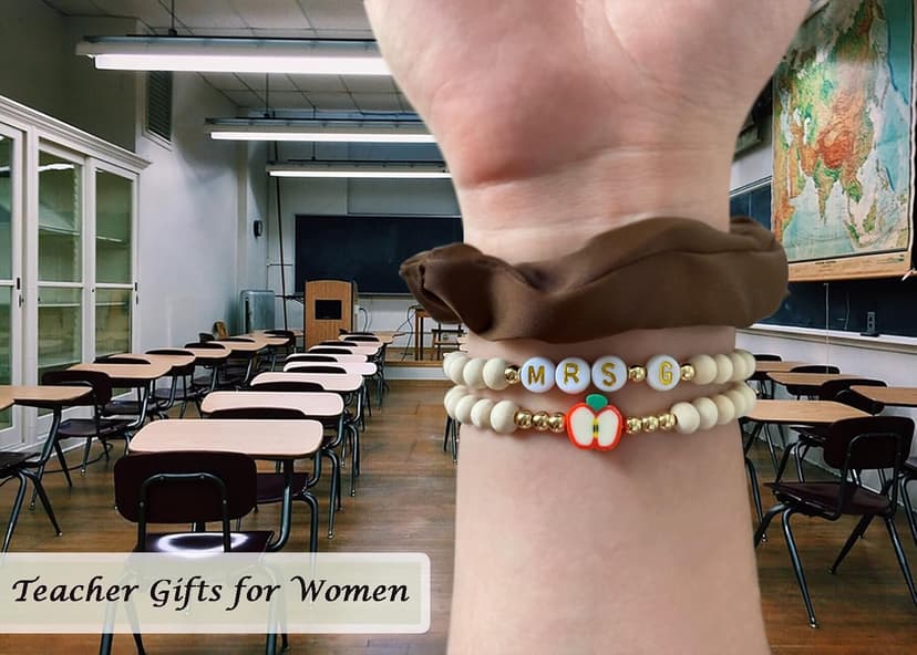 Personalized Teacher Bracelet for Women, 2 Pcs Initial Mrs Miss Ms Teacher Appreciation Gifts With Card From Student Friends, Thank You TEACH Gift for Women