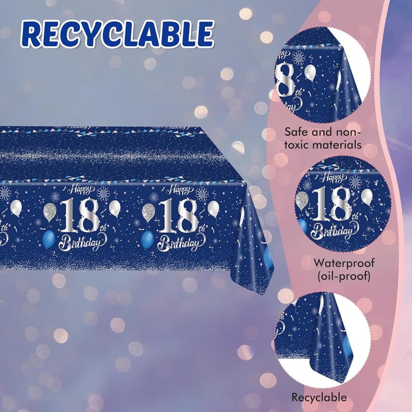 Blue 18th Birthday Decorations for Boys Girls Navy Blue Silver Happy 18th Birthday Napkins Tablecloth Plates for 18th Birthday Anniversary Party Supplies Year Old Party Decorations