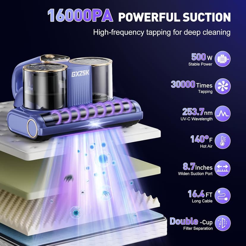 Mattress Vacuum Cleaner, 16kPa Bed Vacuum Cleaner with 253.7nm UV-C Light, Ultrasonic & 140℉ Heating, Dual Cup & Widen Suction Port Handheld Vacuums for Bed, Sofa, Couch, Crib (500W, Corded)