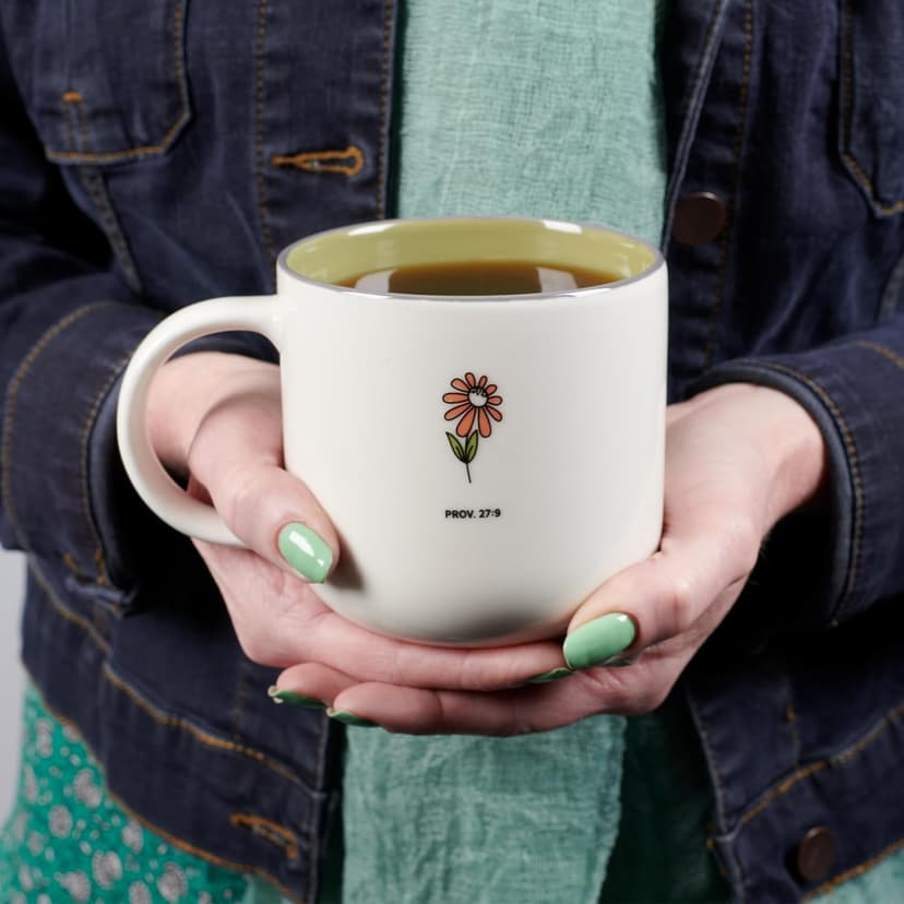 Christian Art Gifts Sage Green Floral Ceramic Coffee Mug – 15 oz. Microwave and Dishwasher-safe Inspirational Scripture Coffee and Tea Mug for Friends with Bible Verse: Sweet Friendship –Proverbs 27:9