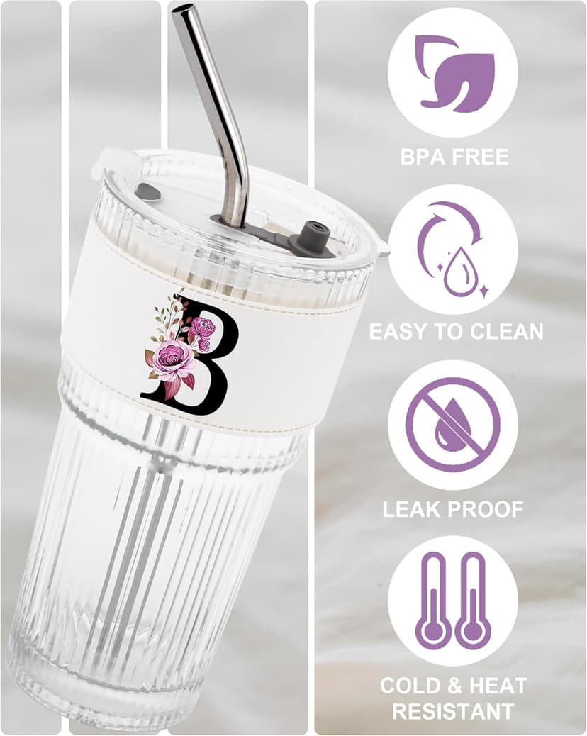 Alphabet Glass Cup with Lid Straw Ice Tea Ribbed Coffee Matcha Latte Clear Tumbler Cute Women Wife Wifey Girlfriend Gf Romantic Personalized Valentines Custom Funny Anniversary Special Day Gift B