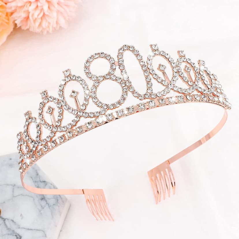 CIEHER 80th Birthday Crown + Sash + Pearl Pin Set, Elegant Gift for Women's 80th Birthday Party Decorations