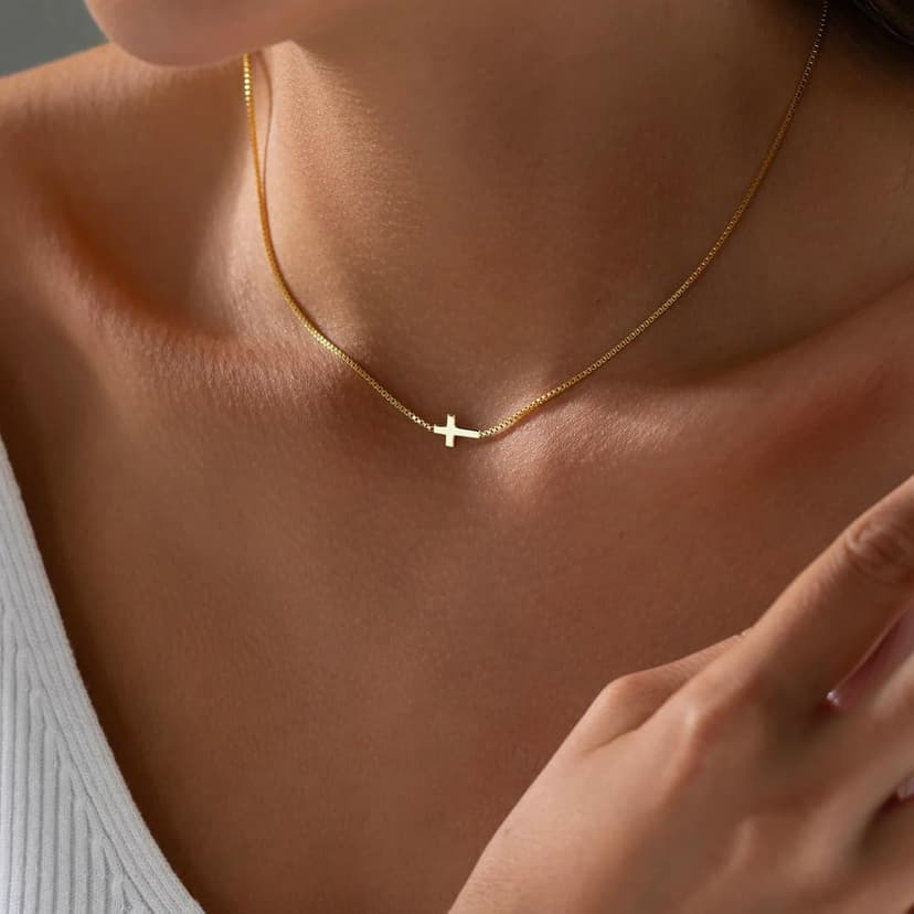 Cross Necklace for Women 14K Gold Silver Plated Dainty Small Cross Pendant Choker Simple Trendy Cute Cross Charm Chain Necklace Easter Basket Stuffers Baptism Religious Faith Jewelry Gift