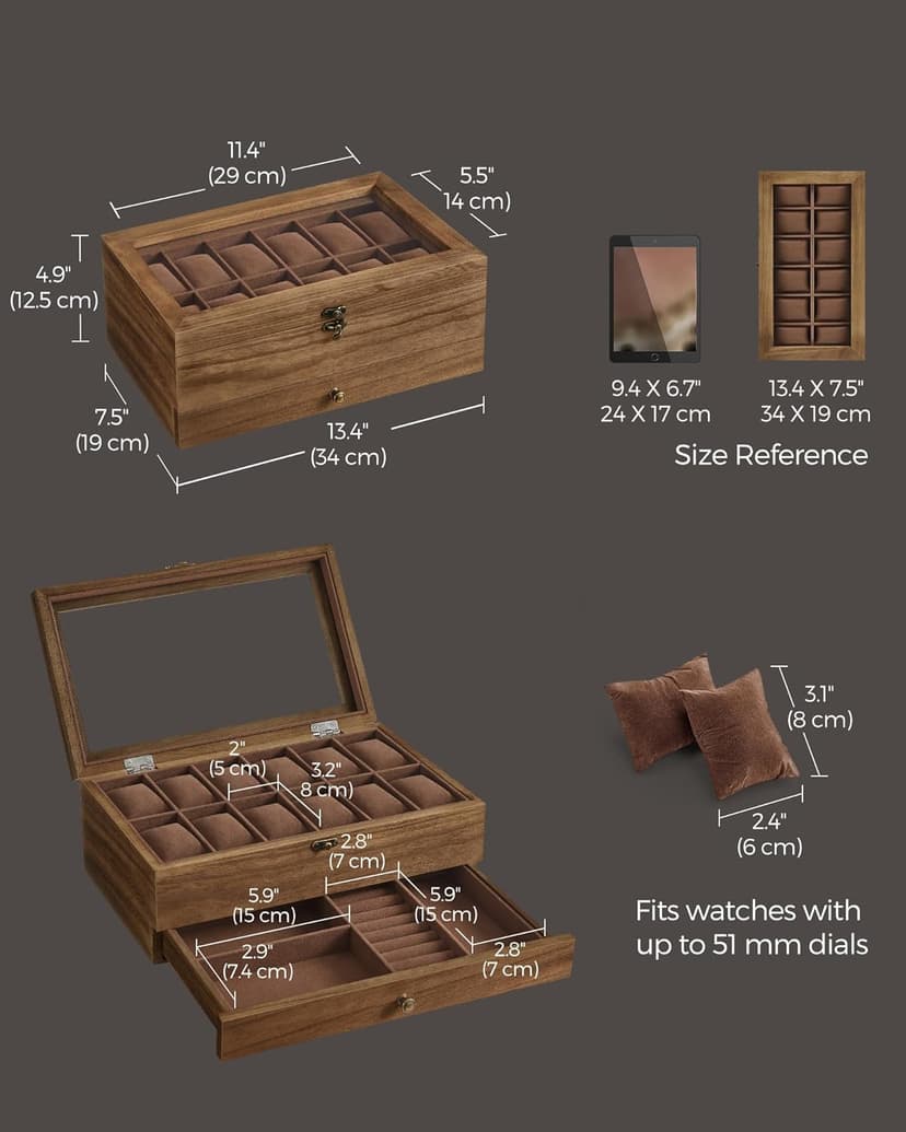 SONGMICS SONGMICS 12-Slot Watch Box, 2-Tier Watch Display Case with Large Glass Lid, Removable Watch Pillows, Velvet Lining, Jewelry Box, Gift Idea, Rustic Walnut UJOW012K01