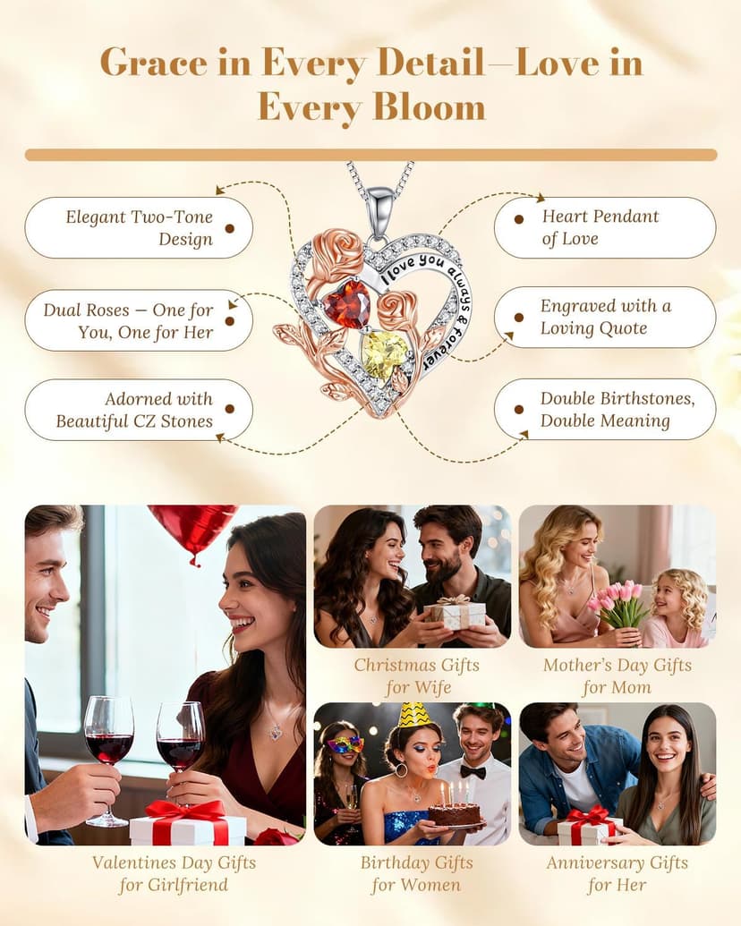 I Love You Birthstone Necklace, 925 Sterling Silver Heart Pendant with CZ Diamond Stones, Birthday Gifts for Women, Romantic Gift for Wife, Girlfriend, Her, Anniversary, Valentine's Day, Christmas