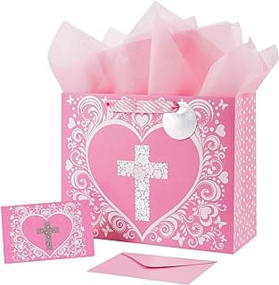 JWSCYSY 12.6" Large Pink Gift Bag with Metallic Silver Floral Cross Design, Card and Tissue Paper for Baby Girl Baptisms, Christenings, First Communions Religious