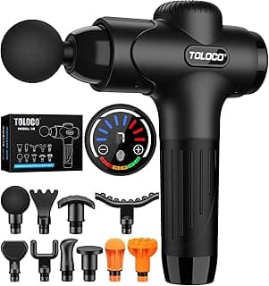 TOLOCO Massage Gun Deep Tissue, Percussion Massage Gun with 10 Replacement Heads, Super Quiet Portable Electric Massager for Athletes, Relax, Black