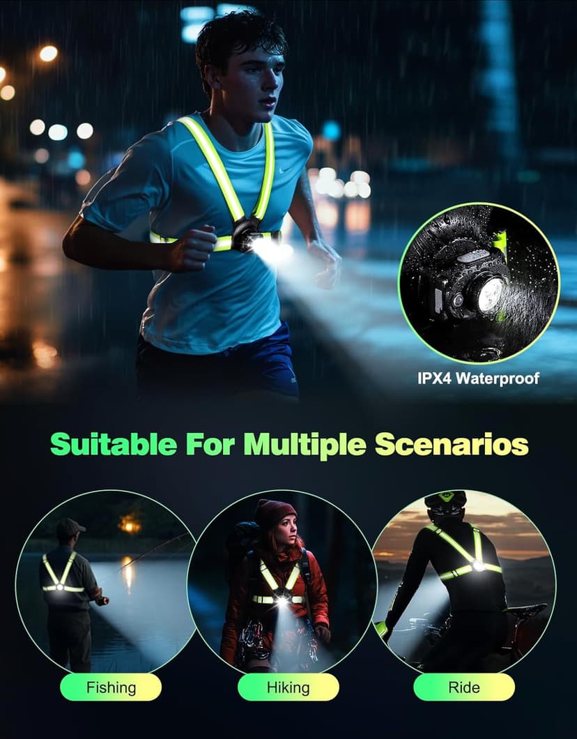 Running Lights for Runners, 500 Lumens Running Light with 45° Adjustable Tilt, 360° Reflective Vest & IPX4 Waterproof Rechargeable Light Up Gear for Night Walking/Cycling/Jogging/Hiking