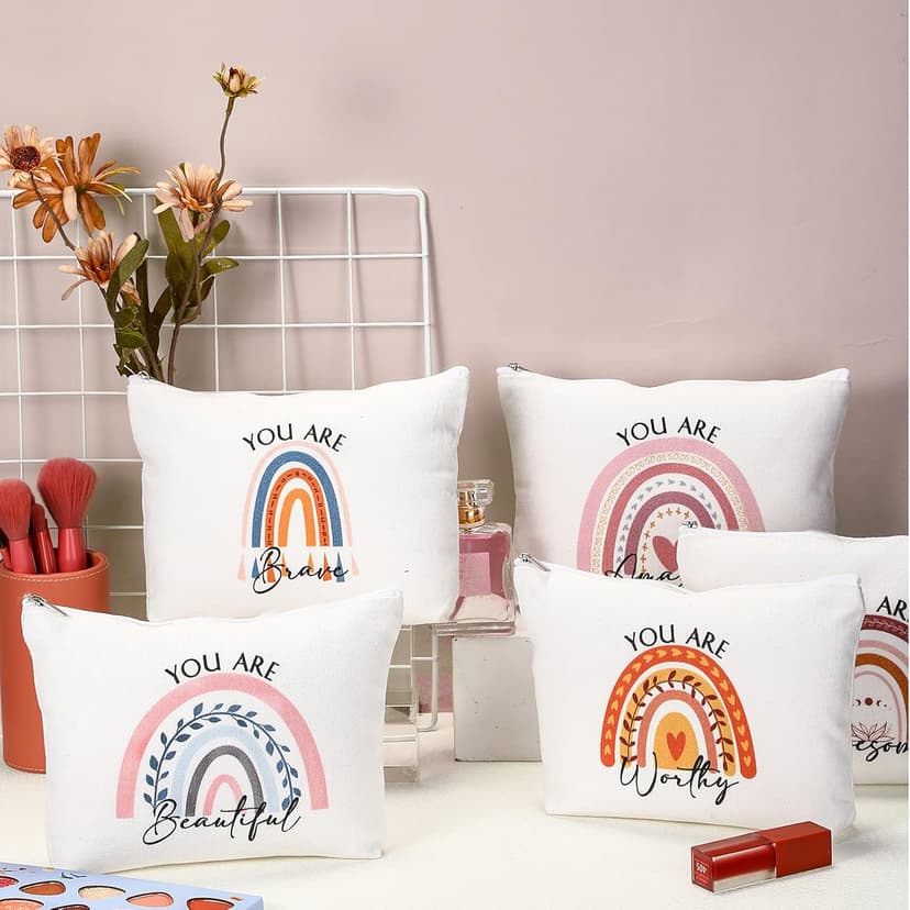 Coume 10 Pcs Rainbow Canvas Makeup Bags Bulk Inspirational Quotes Cosmetic Zipper Personalized Encouragement Travel Pouch Toiletry Bag for Women Girls Teacher Friend Birthday