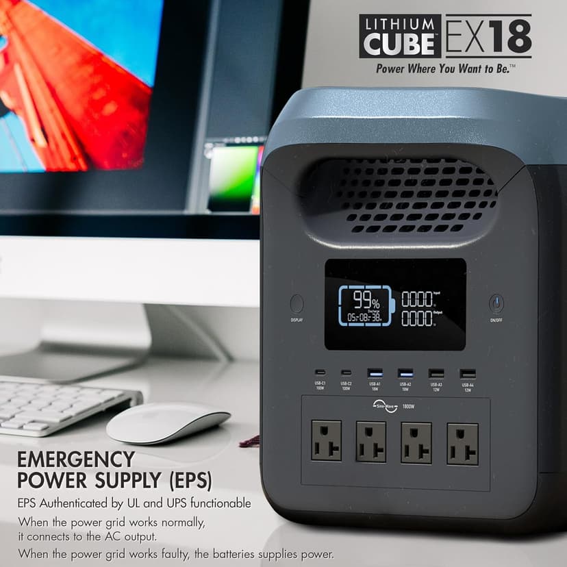 Wagan EL8840 Portable Power Station EX18 Lithium Cube Solar Generator 1229Wh LiFePO4 Battery Fast Charge 1800W 3000W peak AC 100W USB-C for Home Backup, Power Outages, Outdoor Camping, Off-grid