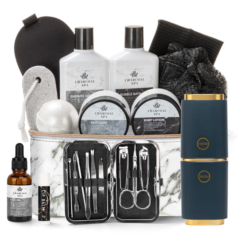 Father's Day Bath and Body Gift Basket for Men and Women, 23pcs Charcoal Luxury Home Spa Kit for Mother in Cosmetics Leather Bag, Face Oil, Birthday Gift, Self Care, perfect for Christmas, Holiday