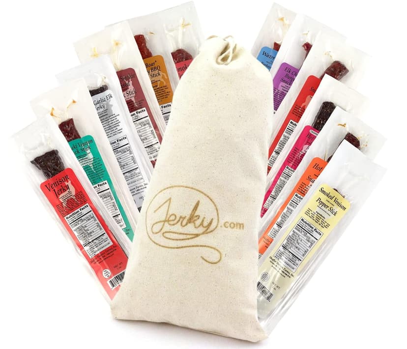 Jerky.com Jerky.com Exotic Meat Sticks Gift Bag | Wild Game Jerky Sampler with Venison, Elk & Wild Boar | 12pc High Protein Meat Snacks Variety Pack | Unique Gift Basket for Men, Dad, Hunters, Outdoorsmen