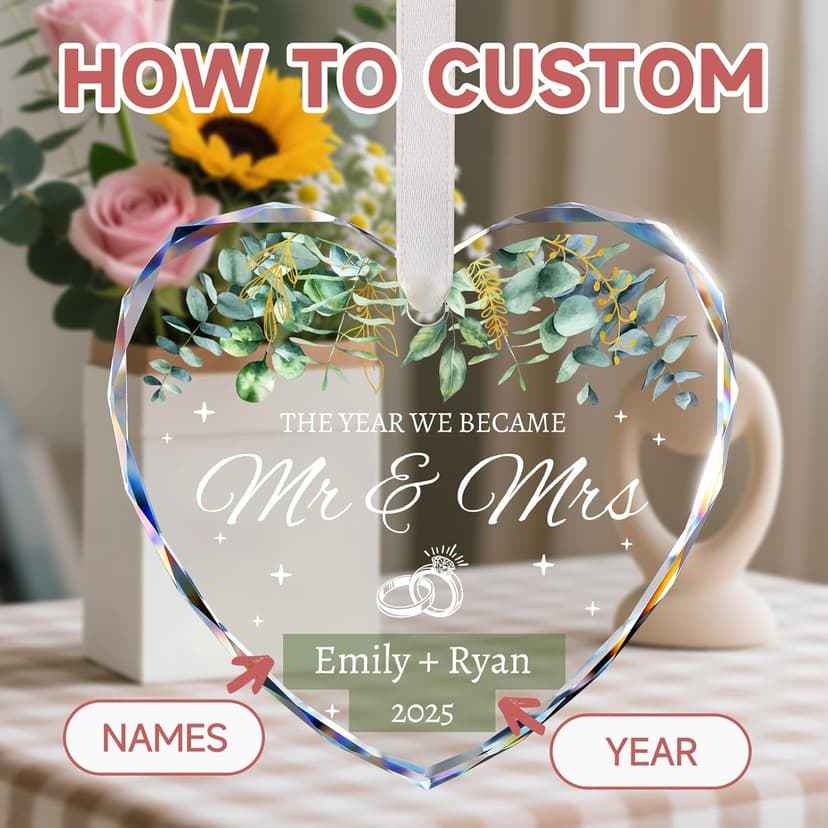 First Christmas Married Ornament, Personalized Wedding Gifts for Couple, Mr and Mrs Gift, Bridal Shower Gifts, Just Married for Newlywed Couples, Bride, Crystal Glass Wedding Christmas Ornaments 2025