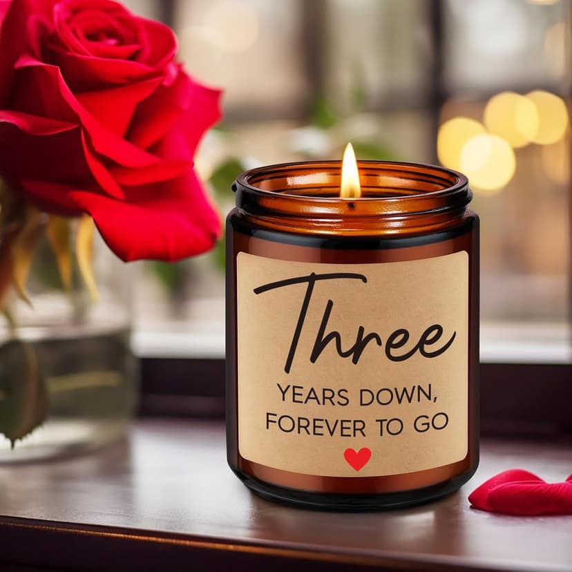 Fairy's Gift 3 Year Anniversary Candle Gifts for Him Her Wife Boyfriend GF Husband - Leather 3rd Anniversary Couple Gifts Ideas - 3rd Year Wedding Anniv. Presents for Couples, Happy Third Anniv.