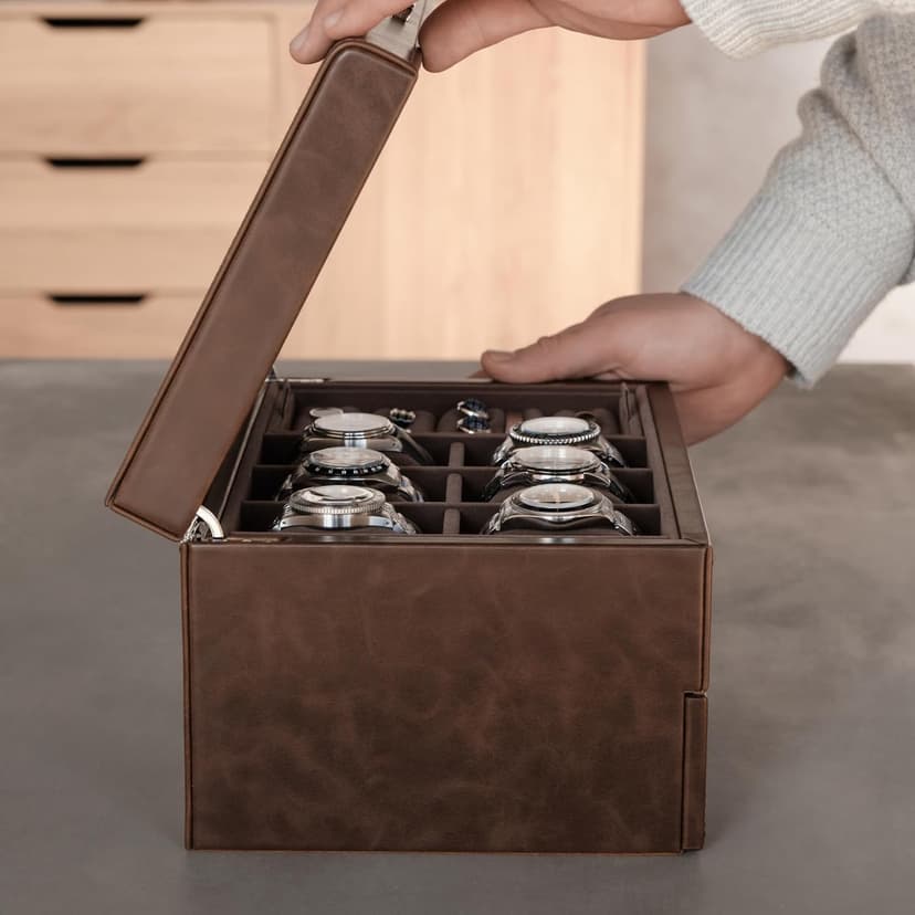 TAWBURY 6 Slot Watch Box for Men - Luxury Watch Jewelry Box for Men with Storage for Sunglasses, Cufflinks | Men's Jewelry Box with Watch Storage | Watch Display Case (Brown)