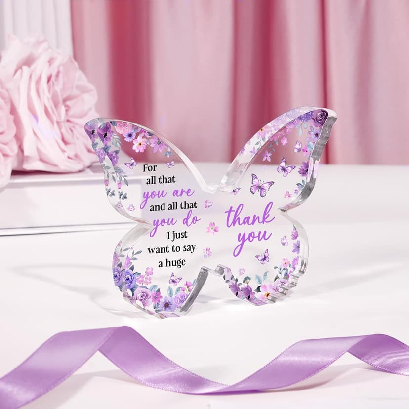 Thank You Gifts for Women, Appreciation Gifts for Teacher Employee Coworker Nurse Friend, 5x3.8x0.5 Inch Purple Butterfly Acrylic Plaque Decor, Graduation Wedding Thank You Grateful Gift Bulk