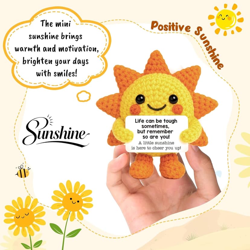 Mini Positive Crochet Sunshine Flowers Emotional Cheer Up Support Gift for Women Friends Coworkers Inspirational Stress Relief Gift Mental Health Positive Present for Birthday Christmas White Elephant