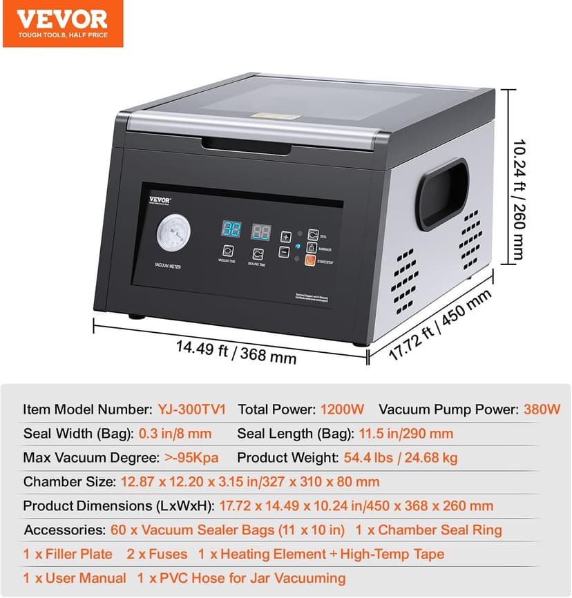 VEVOR Chamber Vacuum Sealer, 380W Vacuum Pump Power, Sealing Bag Packing Machine for Wet Foods, Meat, Compact Design with 11.5 in Sealing Length, Ideal Commercial Sealer for Professional and Home Use