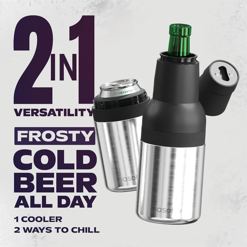 Asobu Frosty Beer Holder,Vacuum Insulated Double Walled Stainless Steel Beer Can and Bottle Cooler with Beer Opener, Bpa Free, Fits Standard 12oz, Ice Cold for Hours, Great Gift for Beer Lovers