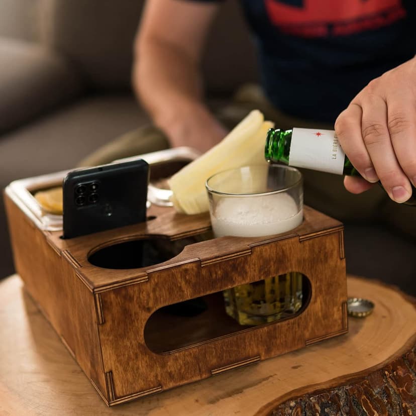 Wood Beer Box - Gift for Beer Lovers, Dad, Man, Him, Boyfriend- Drink Box Snacks Tray- Table Stand Caddy with slots for glasses, chips, nuts- Couch Organizer for Beverages, Remote Control, Phone stand